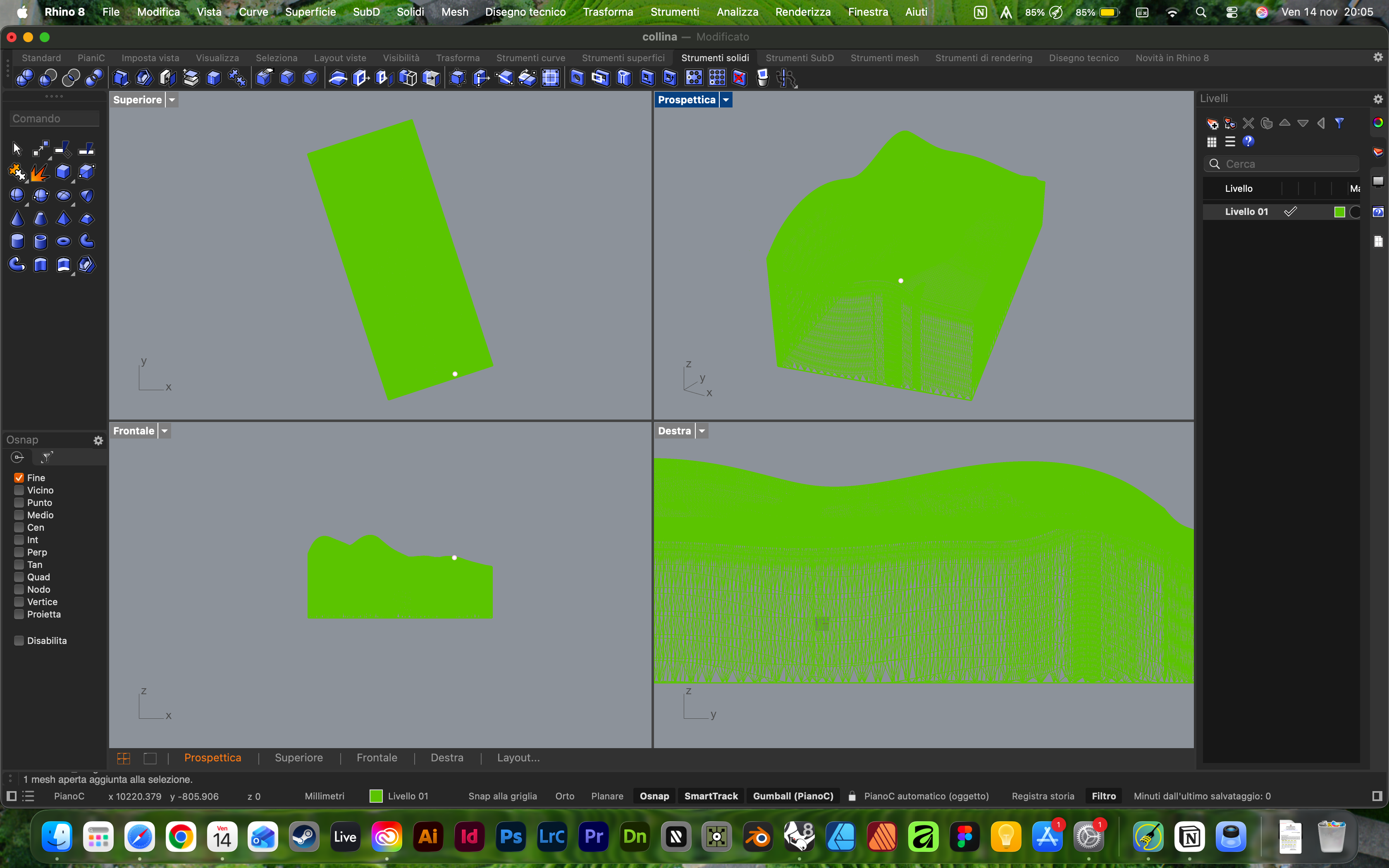Ho caricato lo screen. Ho provato ad aprire il progetto di Rhino ma continua a crashare il programma, allora ho aperto il file STL che ho caricato e si vede così senza nemmeno la possibilità di ruotare la vista