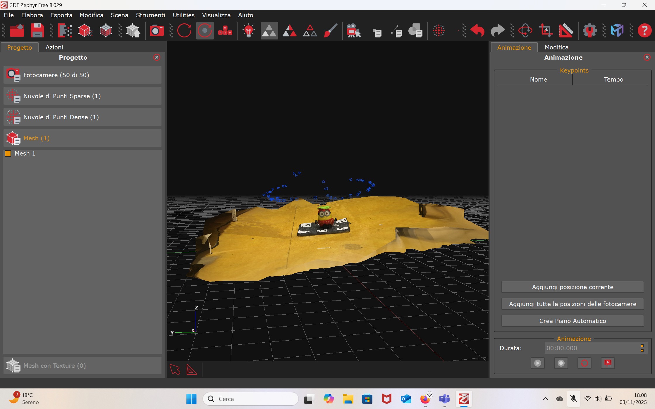 Dopo varie peripezie per aggiungere sul software le 50 foto consegnateci, sono finalmente riuscita a far trasformare i puntini sparsi in una nuvola di punti densa.