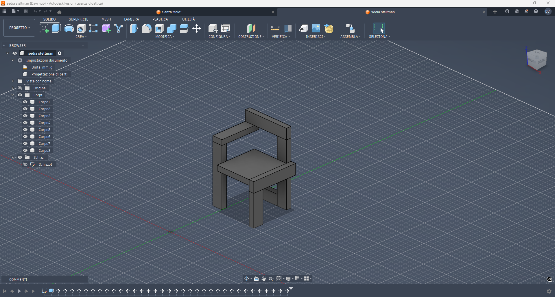 screenshot modello 3d sedia steltman fusion360
