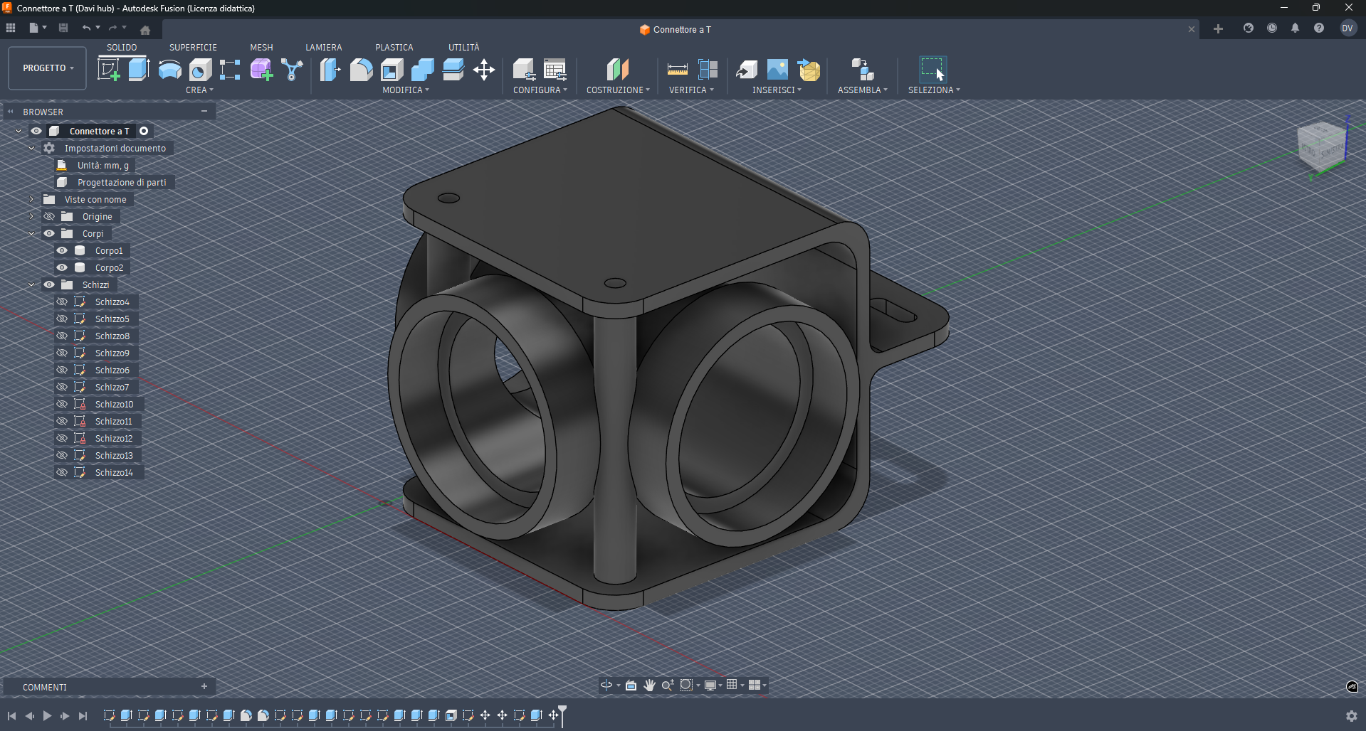 screenshot modello 3d connettore a T Fusion360